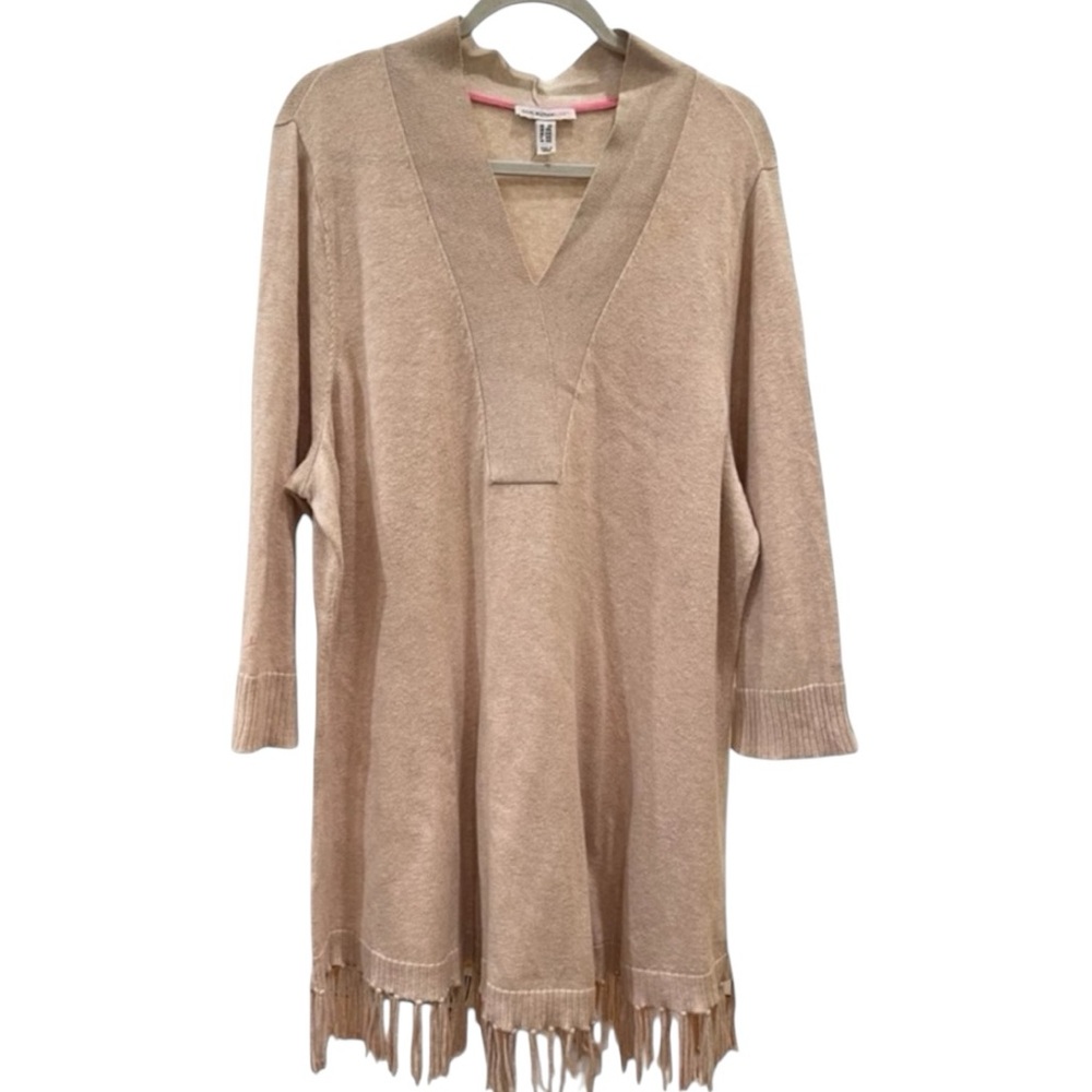 Isaac Mizrahi Live! 3/4-Sleeves With V-Neck And Fringe Trim. Oatmeal Heather 2X